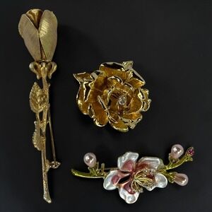 Vintage Gold Tone Floral Brooch Set Rose Enamel Cherry Blossom Rhinestone 3pc